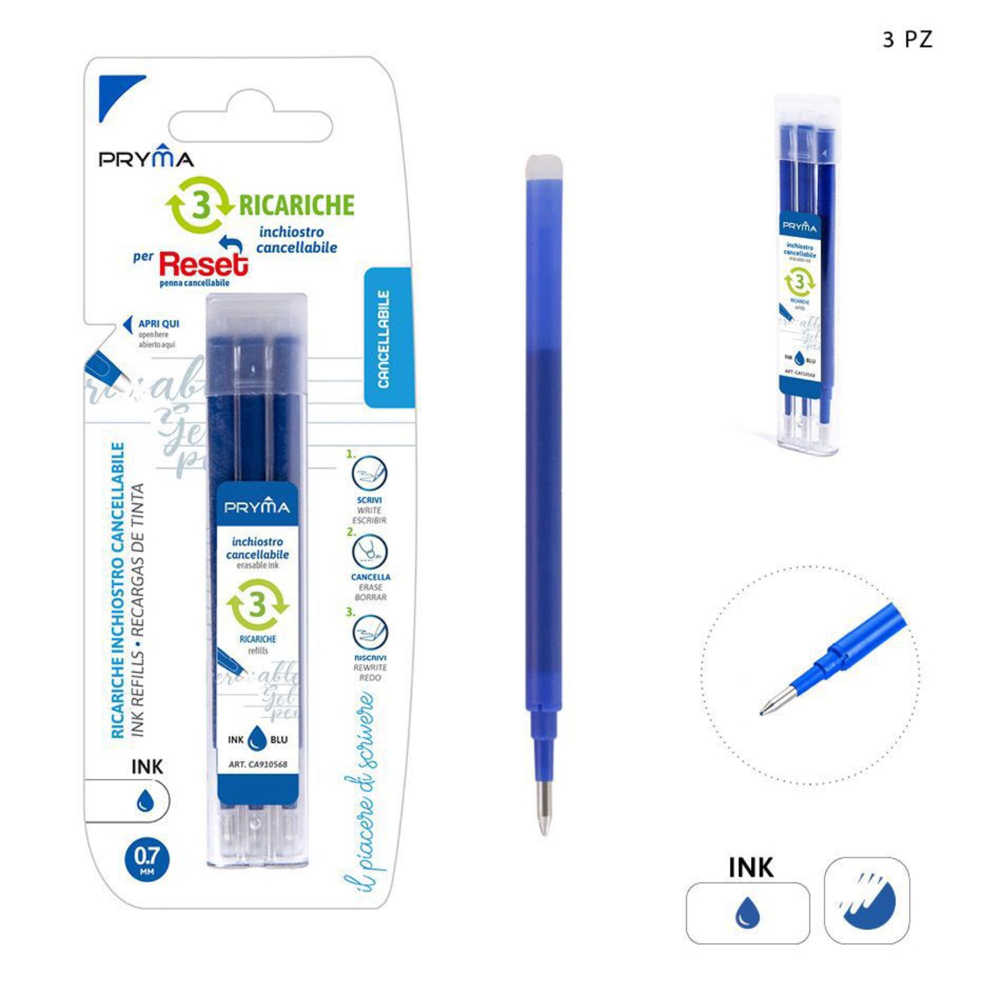 PRYMA Ricarica penna cancellabile 0,7mm 3pz blu