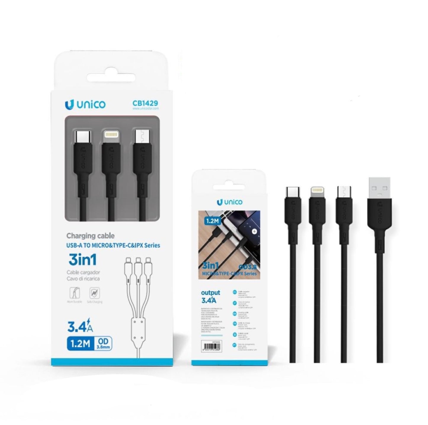 UNICO cavo ricarica USB-A to micro&type-c&ipx series 3 in 1 CB1429