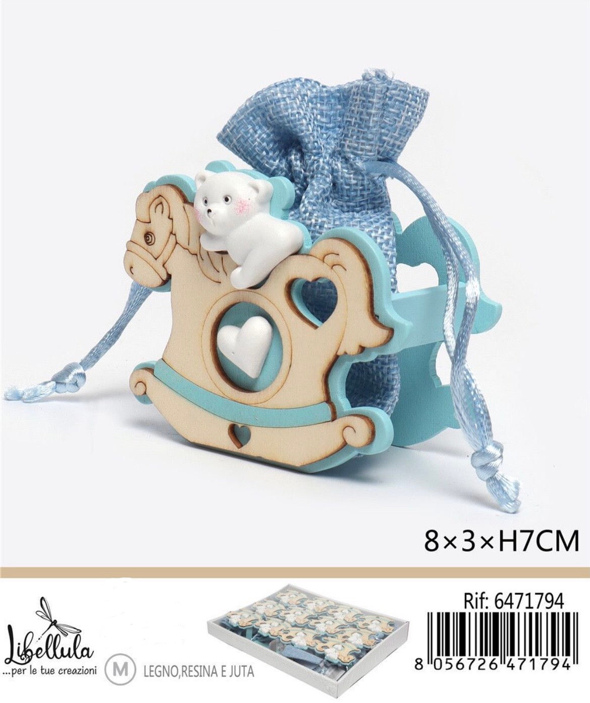 SACCHETTO portaconffetti cavalluccio azzurro 8x3xH7cm