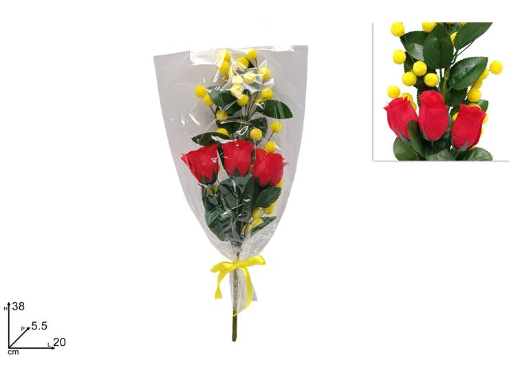 MAZZO MIMOSA CON 3 ROSE