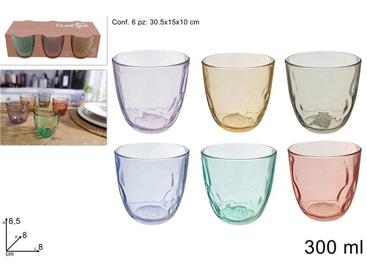 BICCHIERE VETRO 300ML SET 6 PEZZI COLORATI
