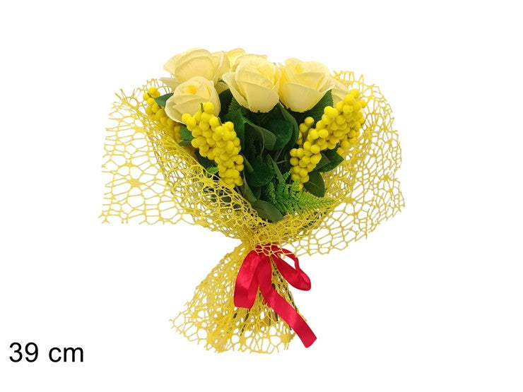 MAZZO ROSE GIALLE CON MIMOSA 39CM