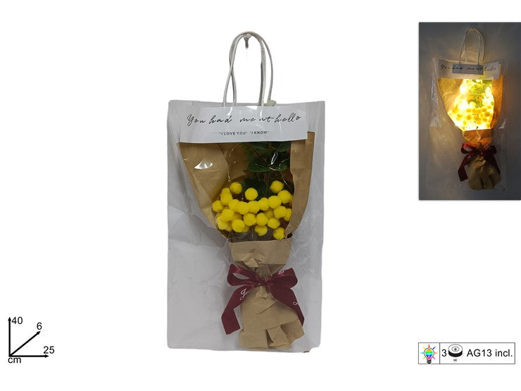 BUSTA REGALO CON BOUQUI MIMOSA CON LUCE 40X25CM