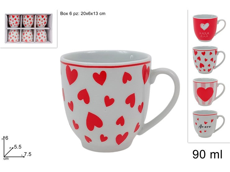TAZZINE 90ML PORCELLANA SET 6PZ DECORO CUORI