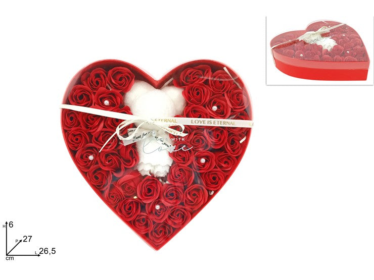 SCATOLA CUORE ORSETTO 39 ROSE ROSSE