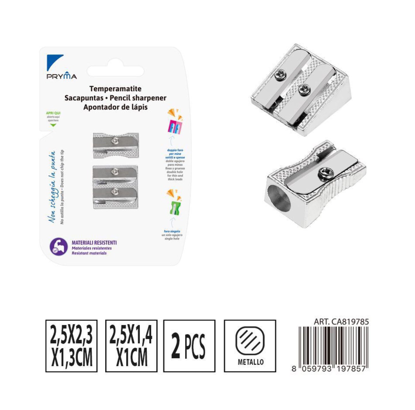 PRYMA temperino metallo 1foro 1.4cm 2fori 2.3cm 2pz
