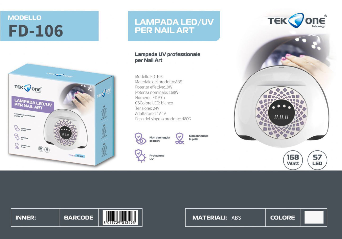 TEK ONE lampada uv per nail 168w FD-106