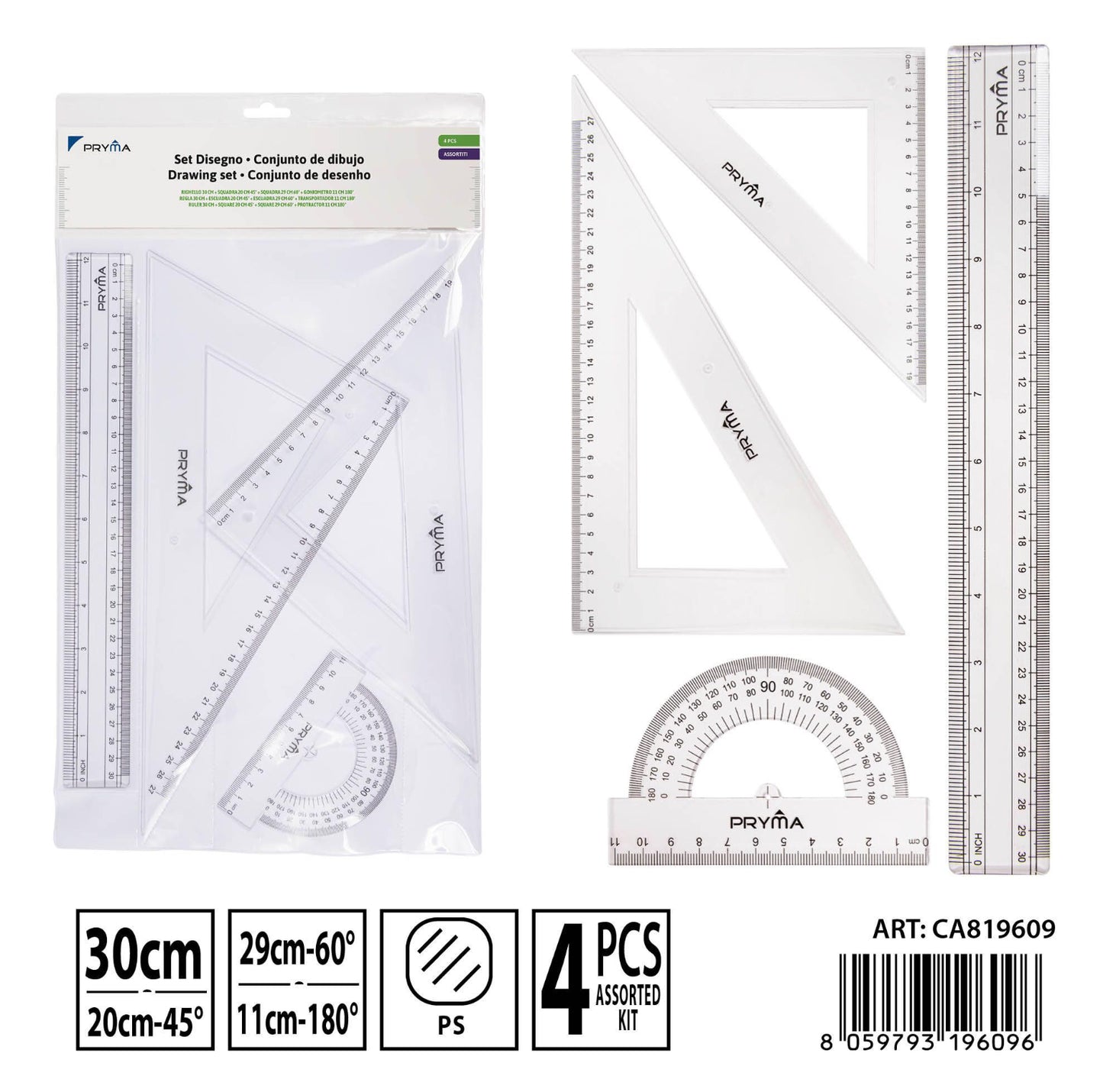 PRYMA righello 30cm+squadra 45° - 60°+goniometro 180°