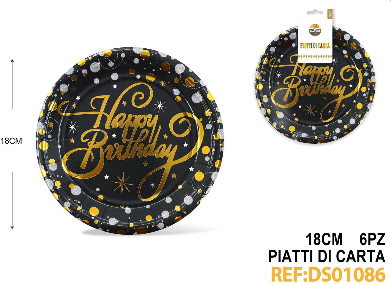 Tema “happy birthday” nero/oro piatti 18cm