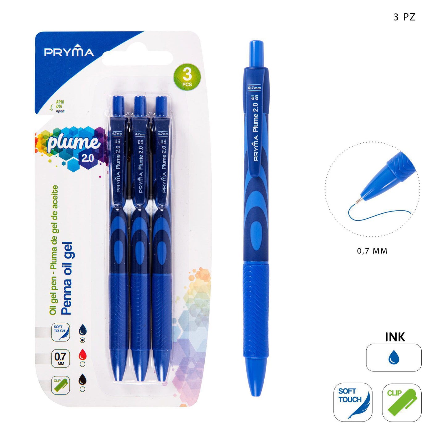 PRYMA penna oil gel PLUME 0,7mm 3pz blu