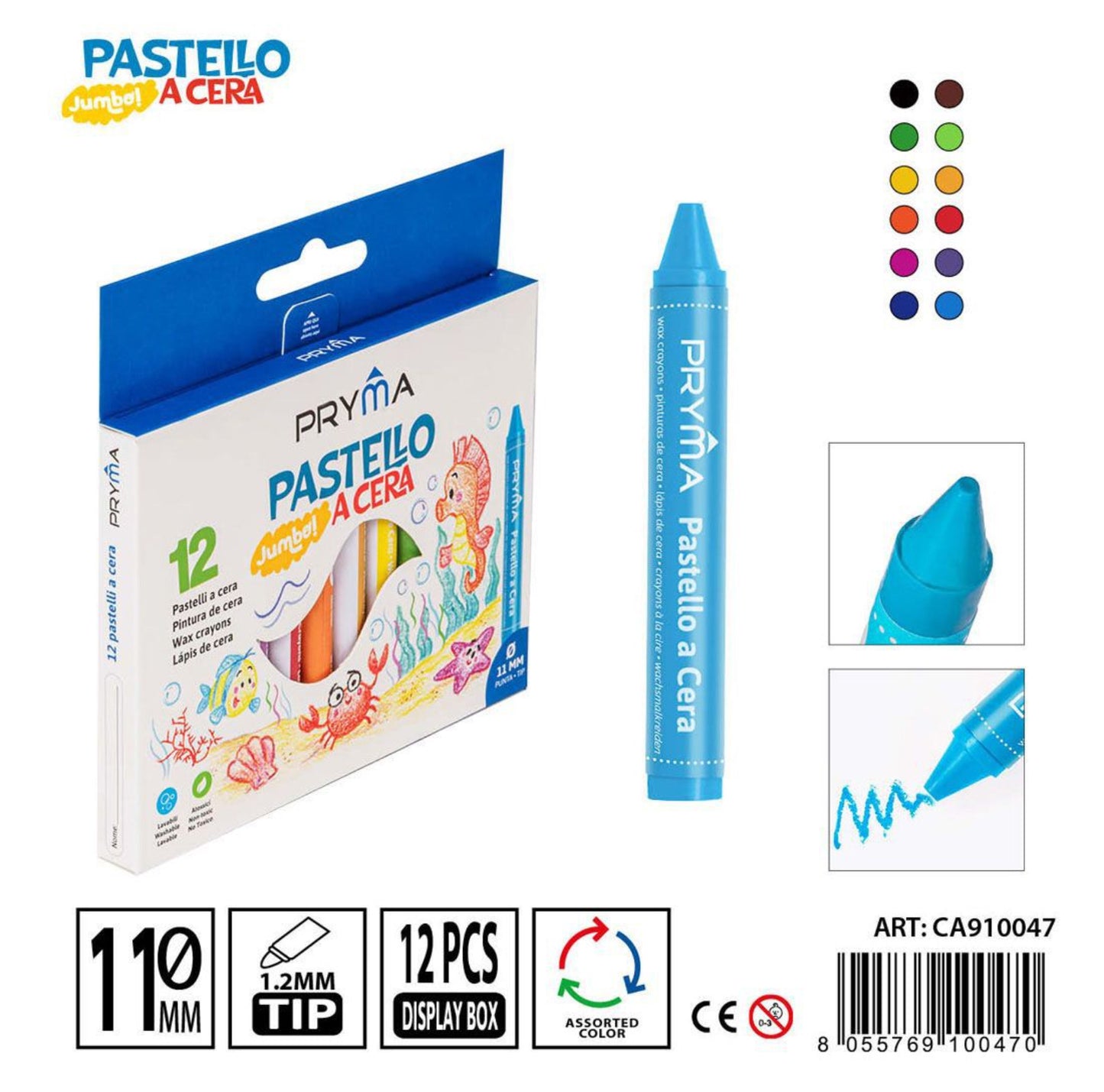 PRYMA pastelli cera JUMBO 10x1.1cm 12pz