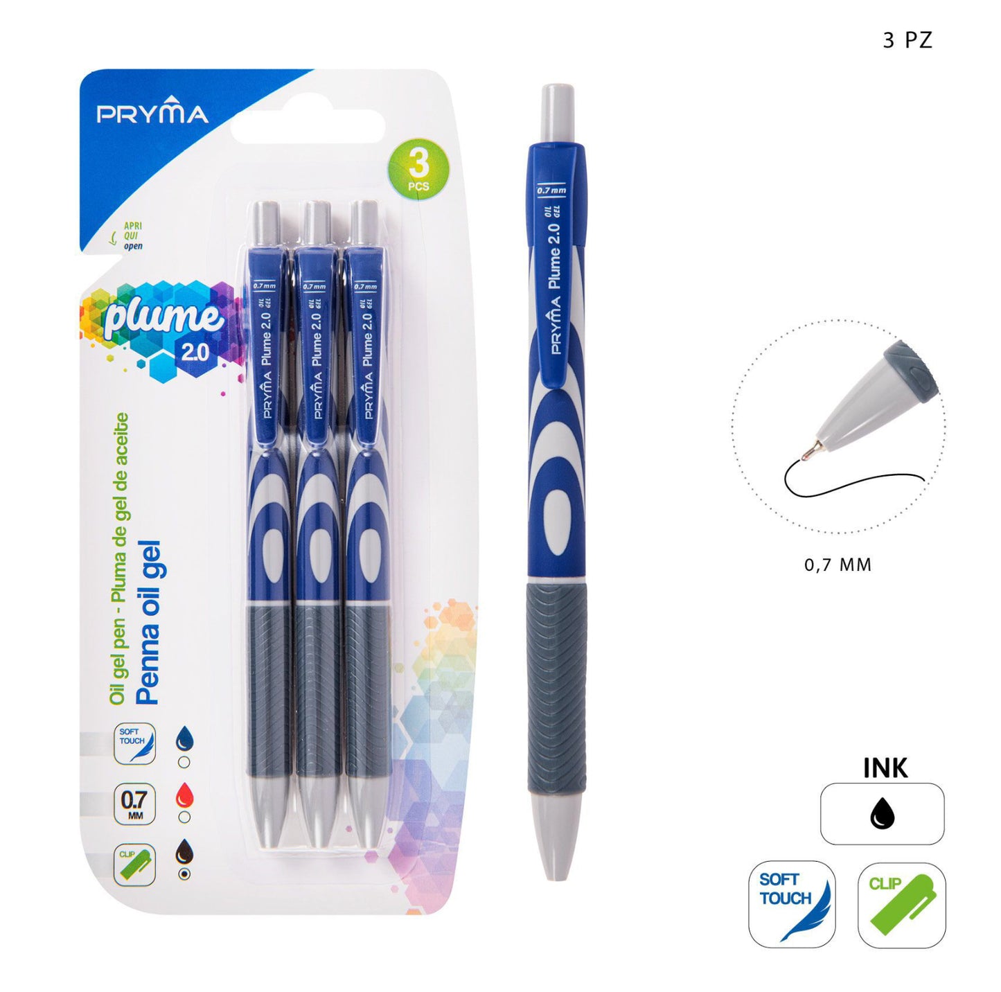 PRYMA penna oil gel PLUME 0,7mm 3pz nero
