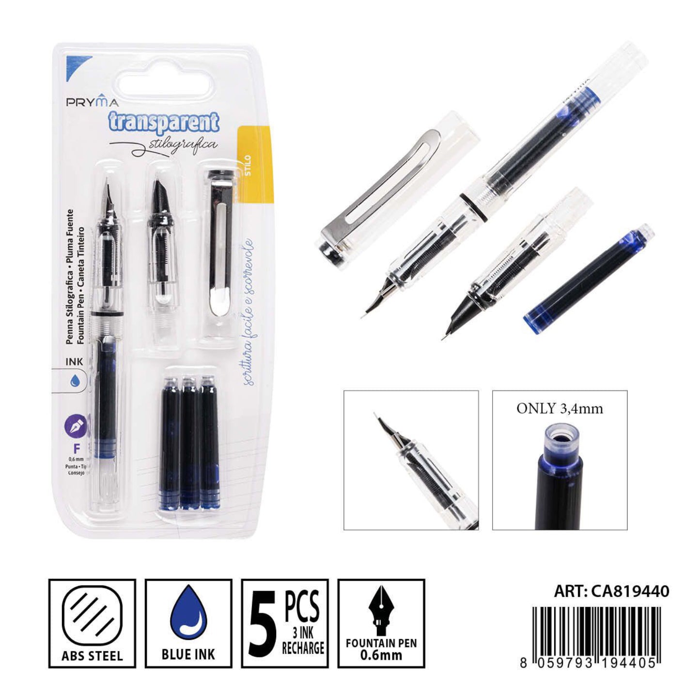 PRYMA penna stilografica 0.6mm+cartucce 3pz trasparente