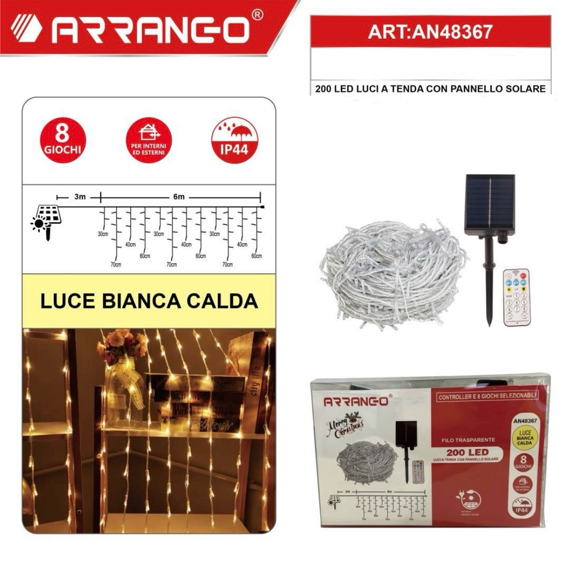 ARRANGO 200LEDva tenda con pannello solare
