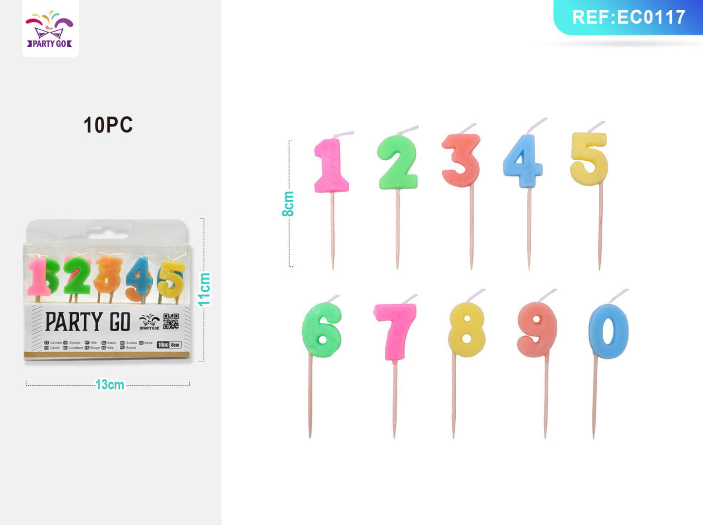 CANDELE numero 0-9 colore 8cm 10pz