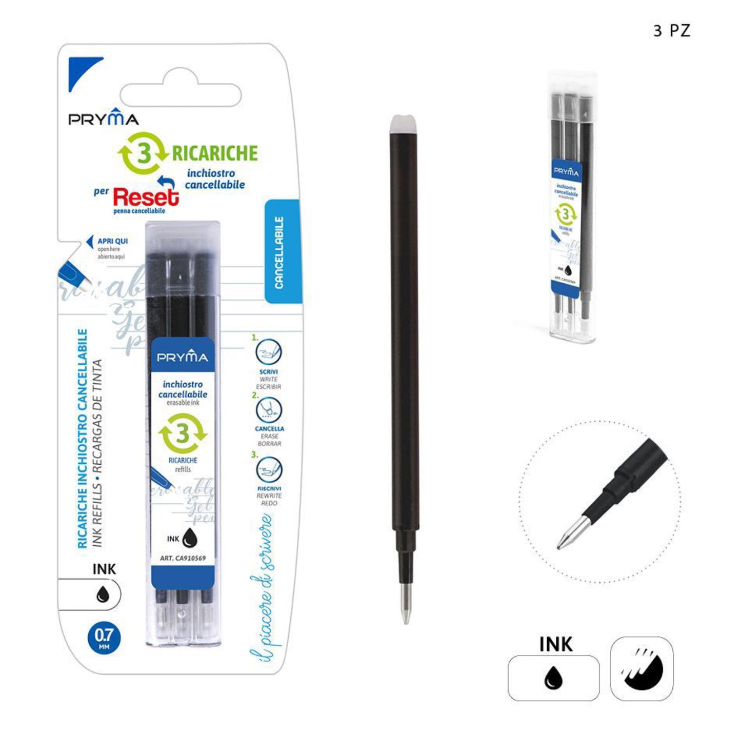 PRYMA Ricarica penna cancellabile 0,7mm 3pz nero