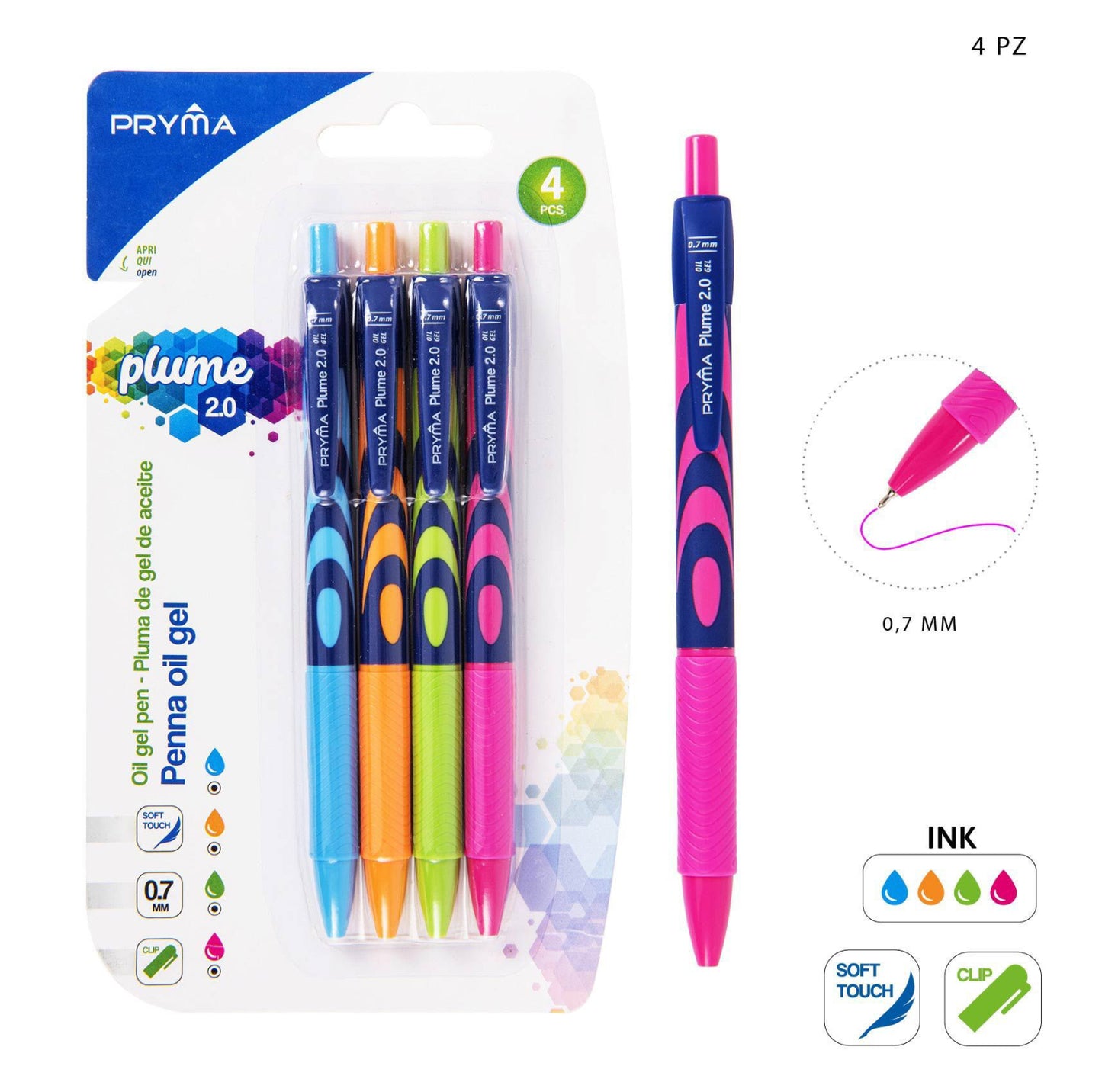 PRYMA penna oil gel PLUME 0,7mm 4pz colorate