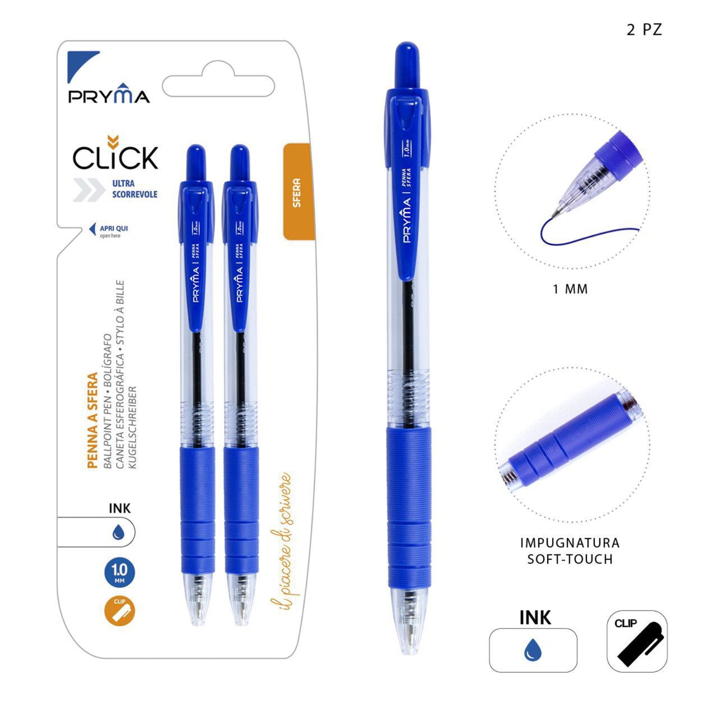 PRYMA Penna a sfera CLICK 0,7mm 2pz blu