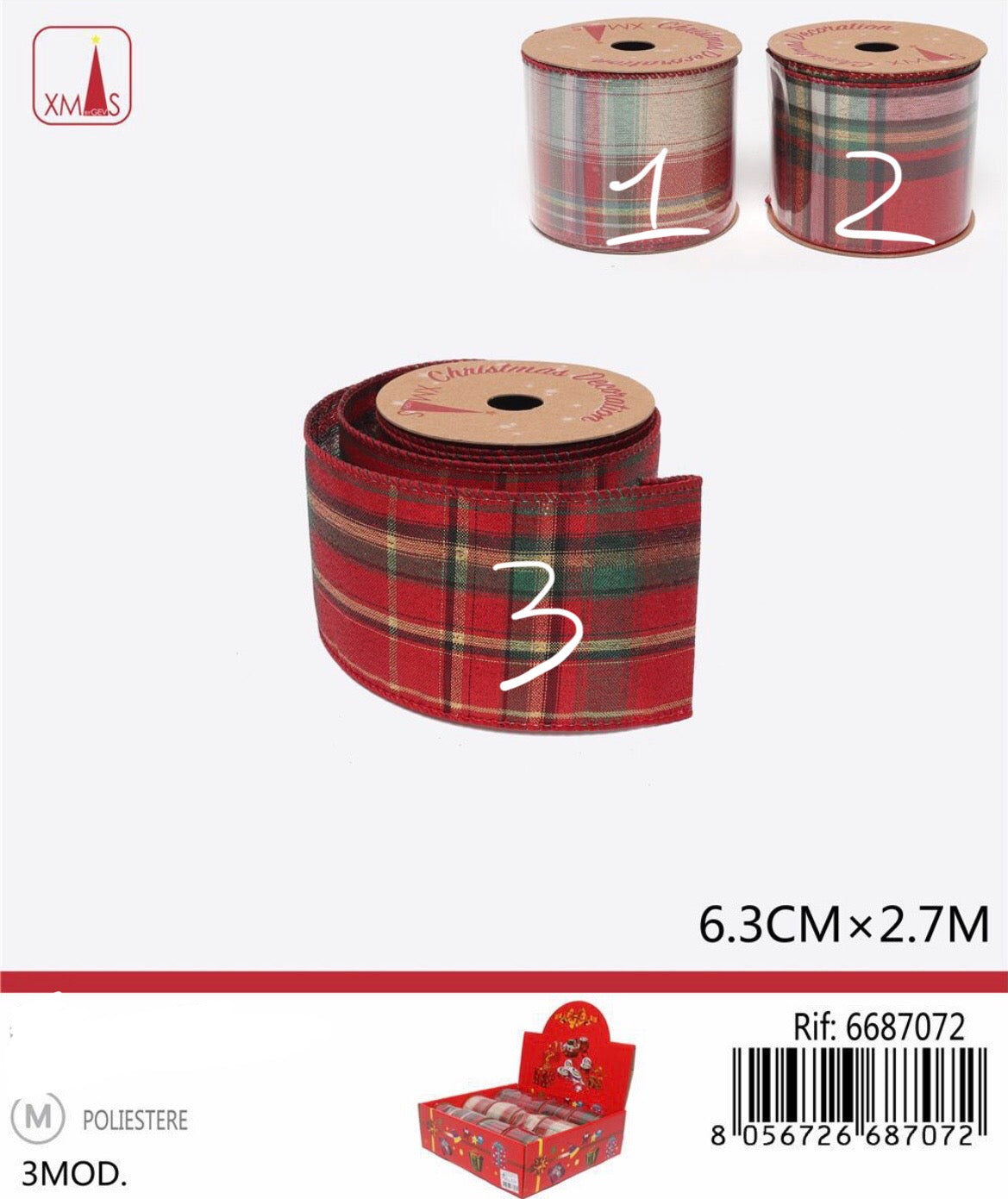 Natalizia nastro scozzese 6.3cmx2.7m