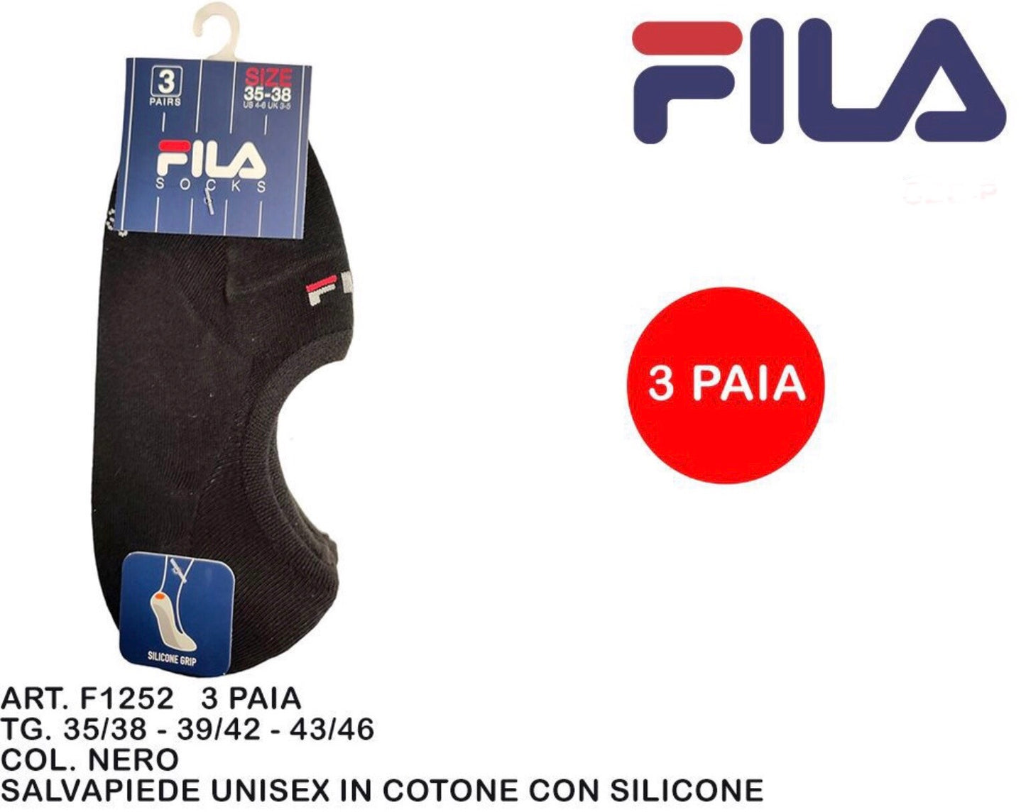 FILA salvapiede unisex in cotone con silicone F1252 3paia nero