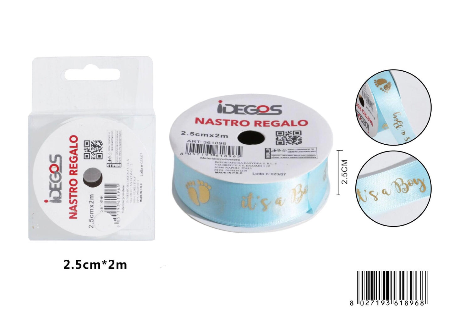 Nastro raso azzurro "It's a boy" 2.5cm