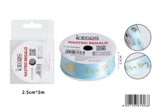 Nastro raso azzurro "It's a boy" 2.5cm