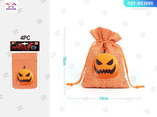 HALLOWEEN sacchetto di juta arancione zucca 13x18cm 4pz