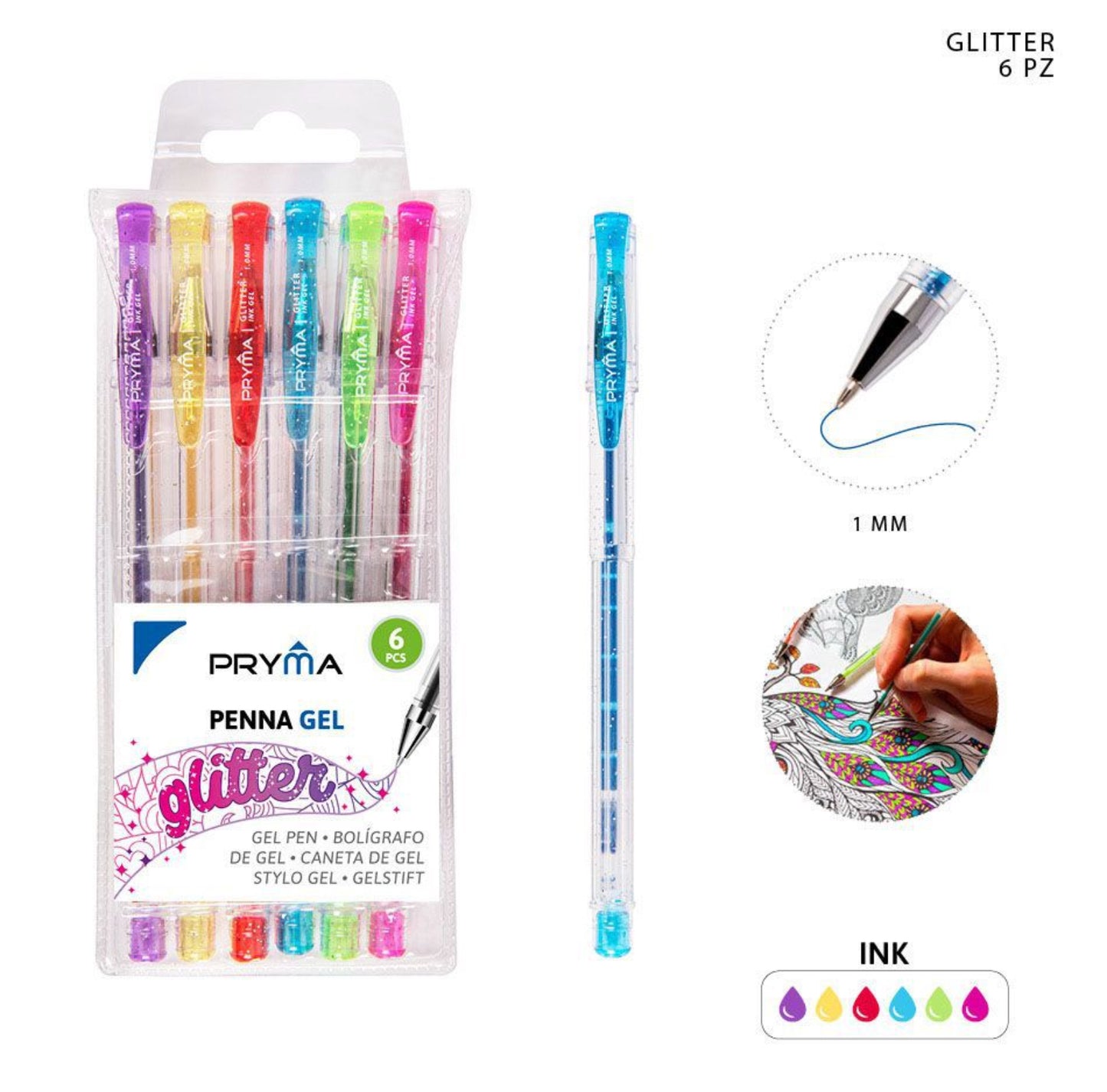 PRYMA penna gel glitter 1mm 6pz