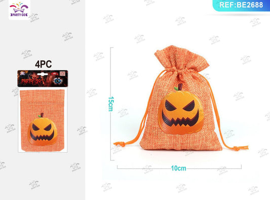 HALLOWEEN sacchetto di juta arancione  zucca 10x15cm 4pz