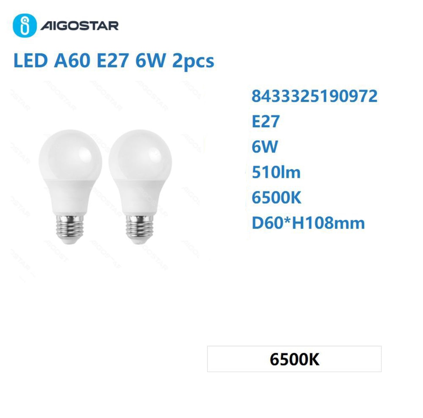 LED A60 E27 6w 6500k 2PCS