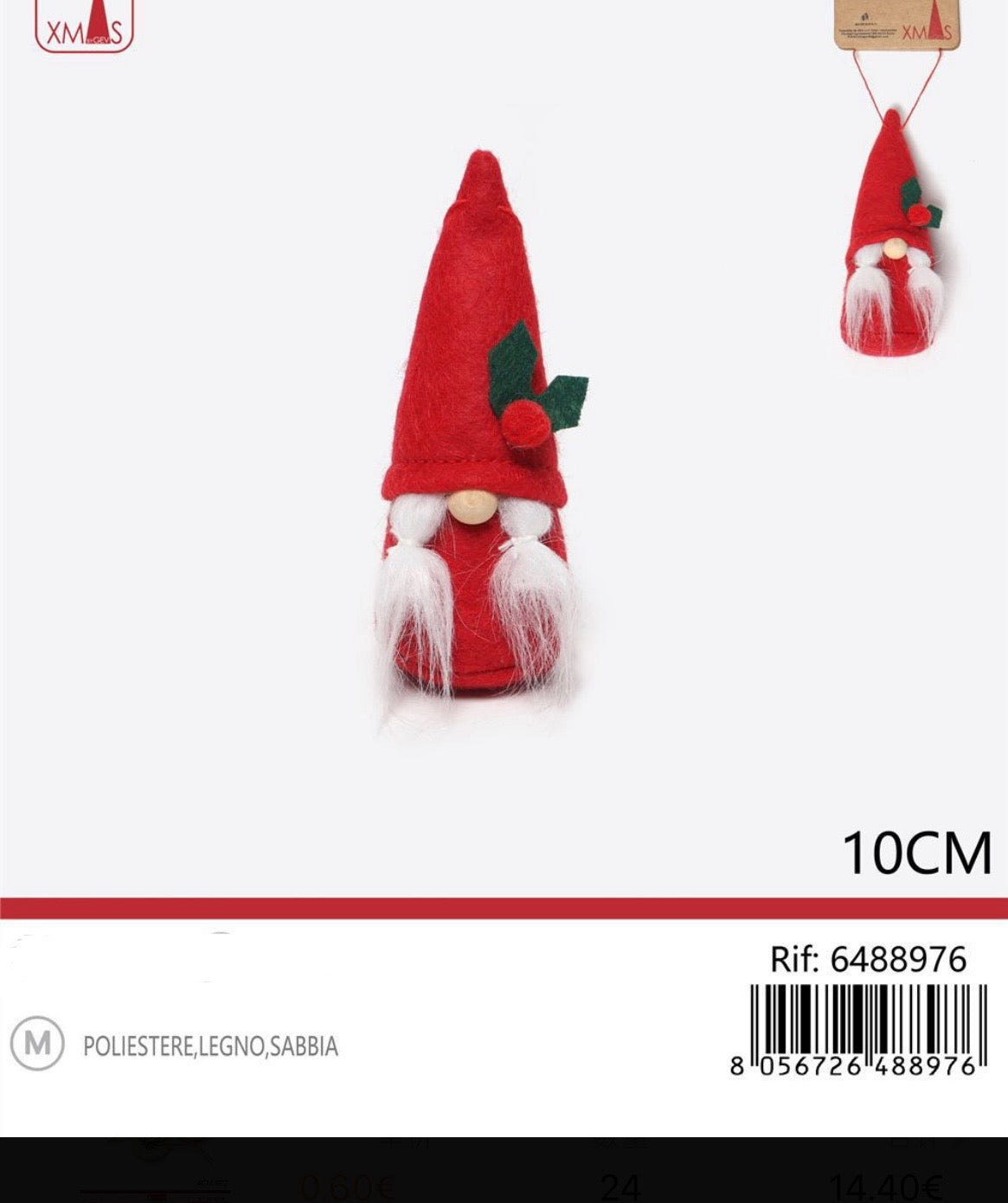 NATALIZIA pendente gnomo agrifoglio 10cm