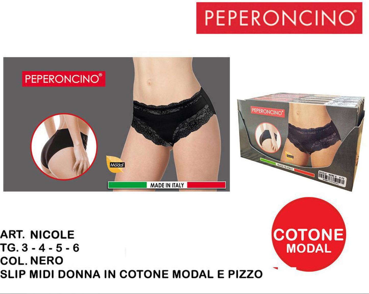 PEPERONCINO slip midi modal & pizzo cotone nero Art. Nicole