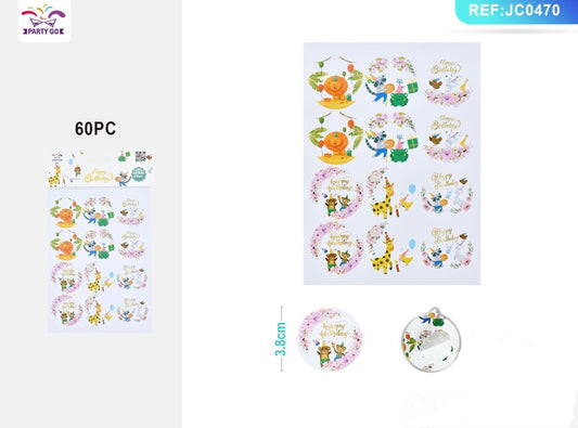 ADESIVI di happy Birthday stampa animali 3.8cm 60pz