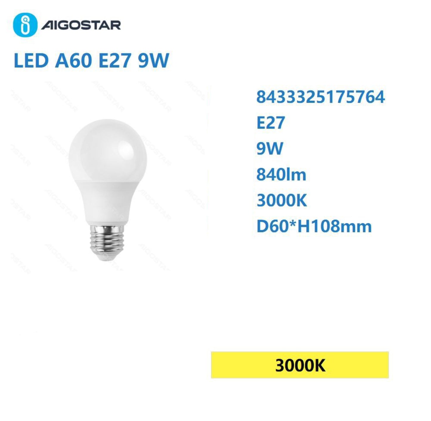 LED A60 E27 8w 3000k