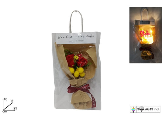 BUSTA REGALO CON BOUQUI ROSA MIMOSA CON LUCE