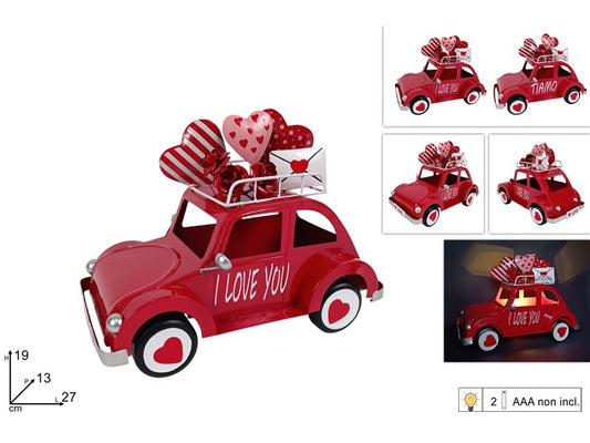 SAN VALENTINO AUTO IN LATTA DECORAZIONE CON LUCI  19X27CM