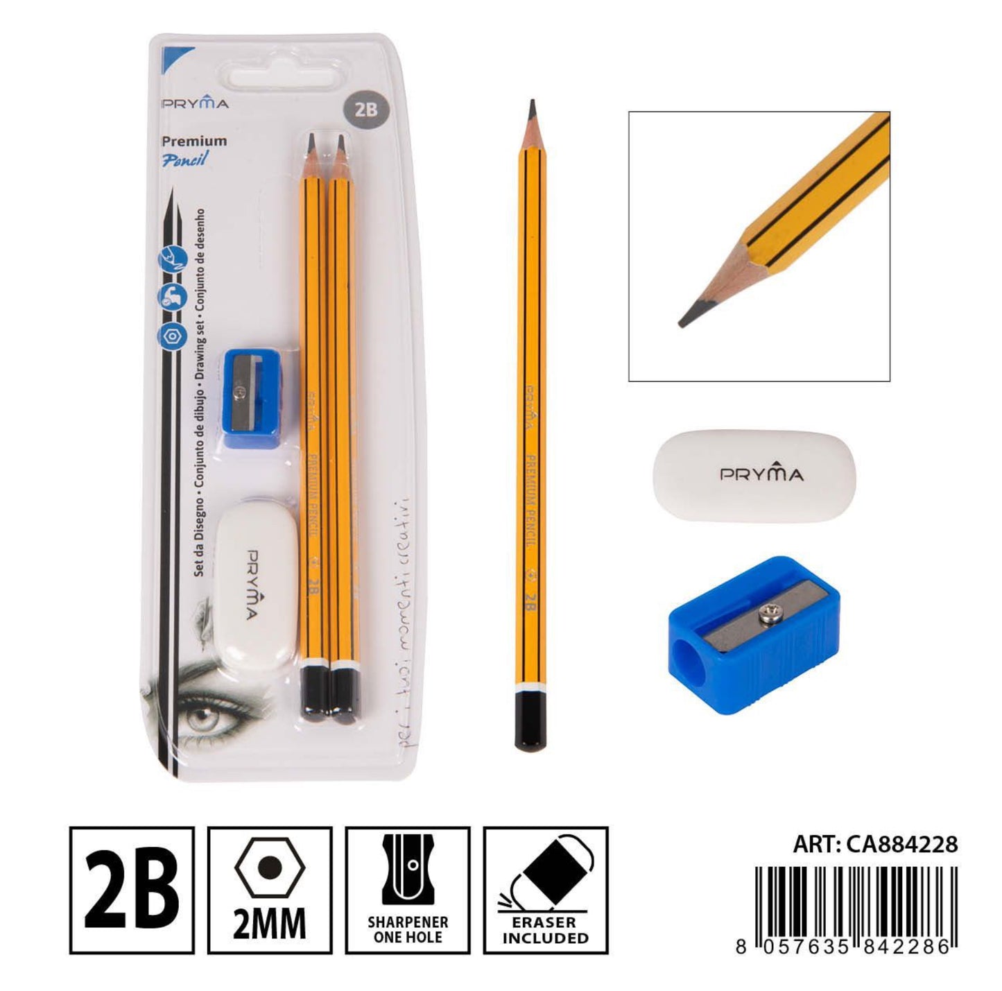 PRYMA matita 2B 2pz+temperino +gomma