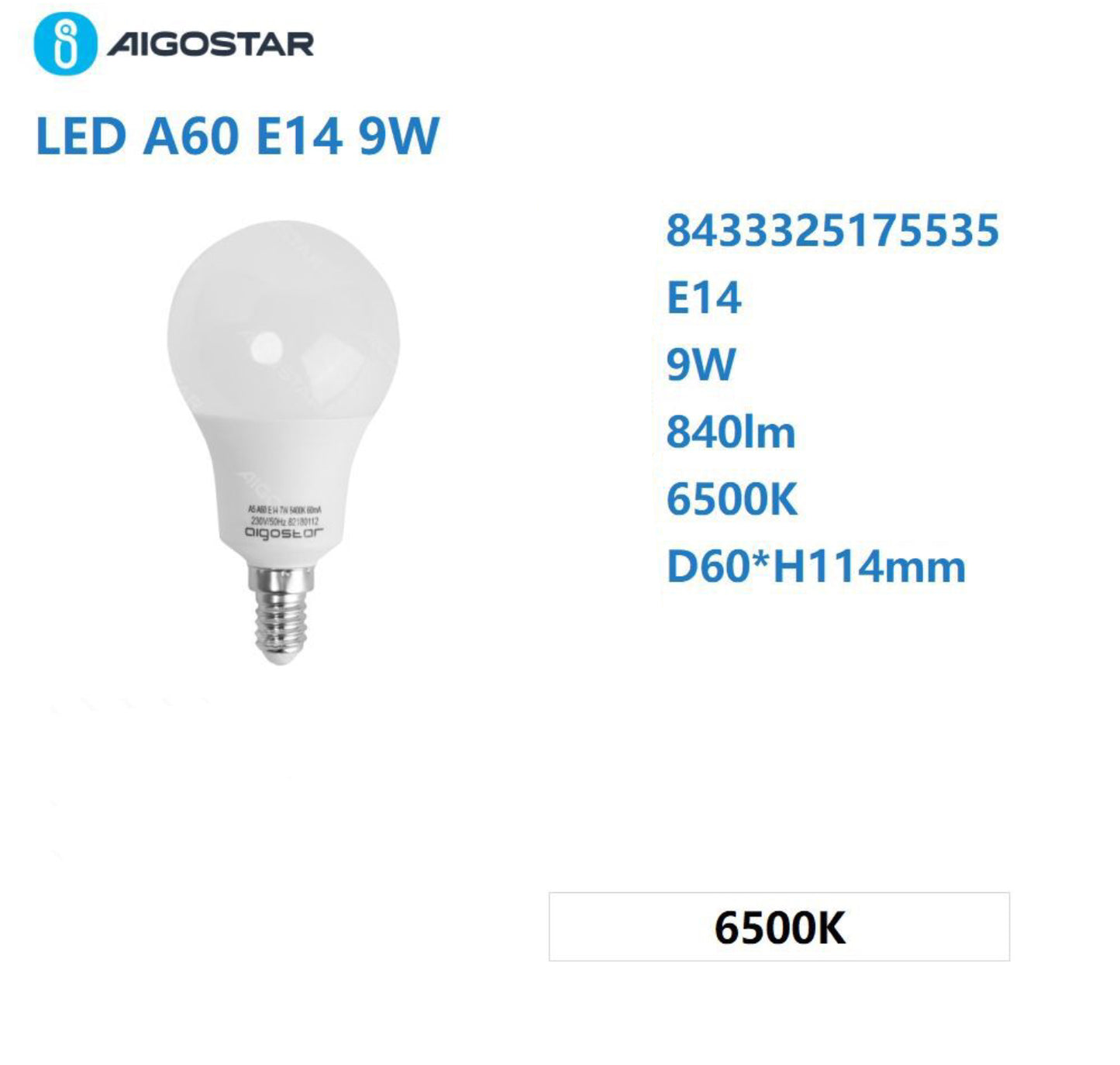 Led A60 E14 9w 6500k