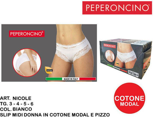 PEPERONCINO NICOLE slip midi donna cotone pizzzo bianco