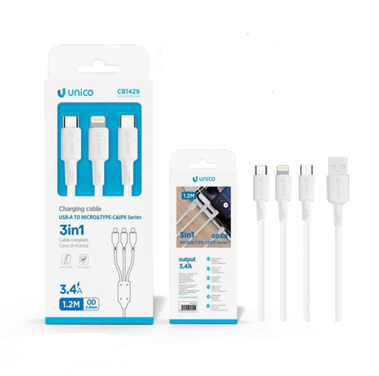 UNICO cavo ricarica USB-A to micro&type-c&ipx series  3 in 1 CB1429