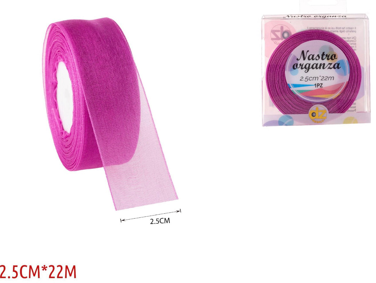 Nastro organza 2.5 cm ciano/fucsia