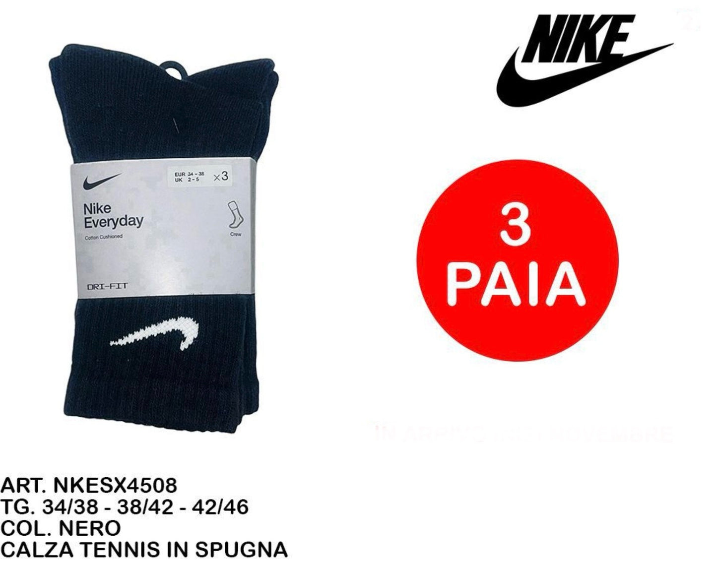 NIKE calza tennis in spugna nero