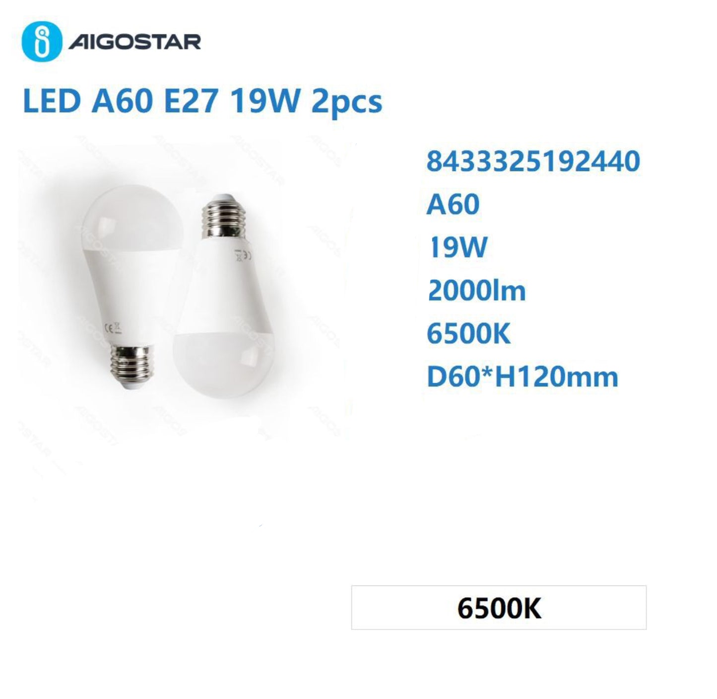 LED A60 E27 19w 6500k 2PCS