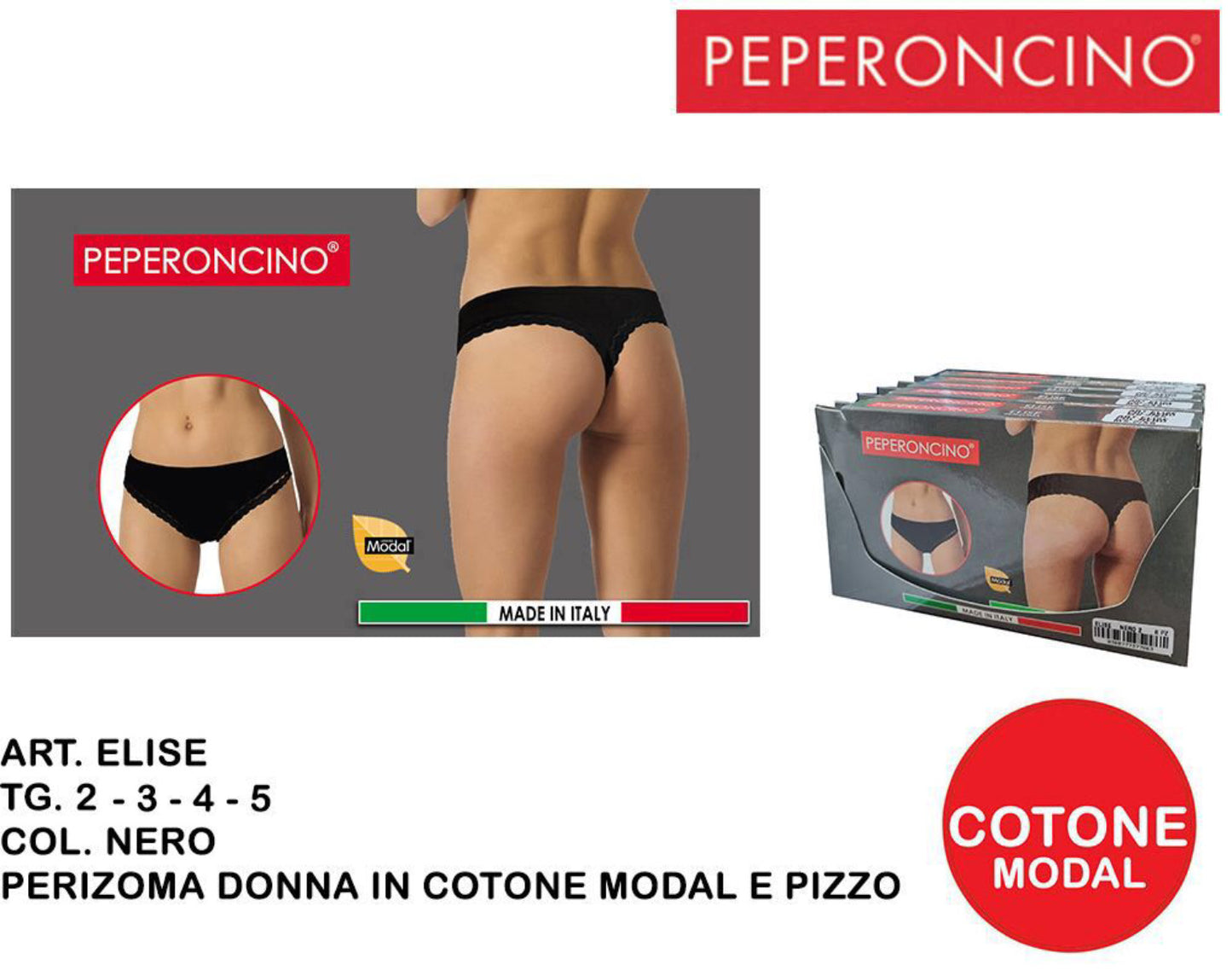 PEPERONCINO perizoma in pizzo & modal cotone nero Art.Elise