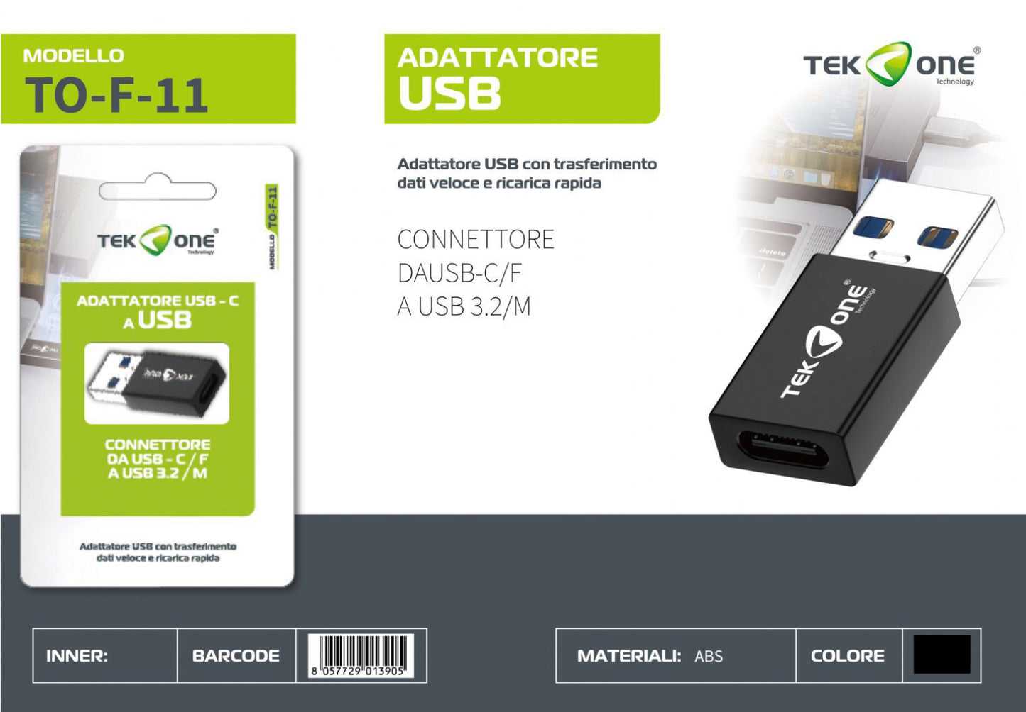 TEK ONE  adattatore da usb 3,2 M A TYPE-C F TO-11