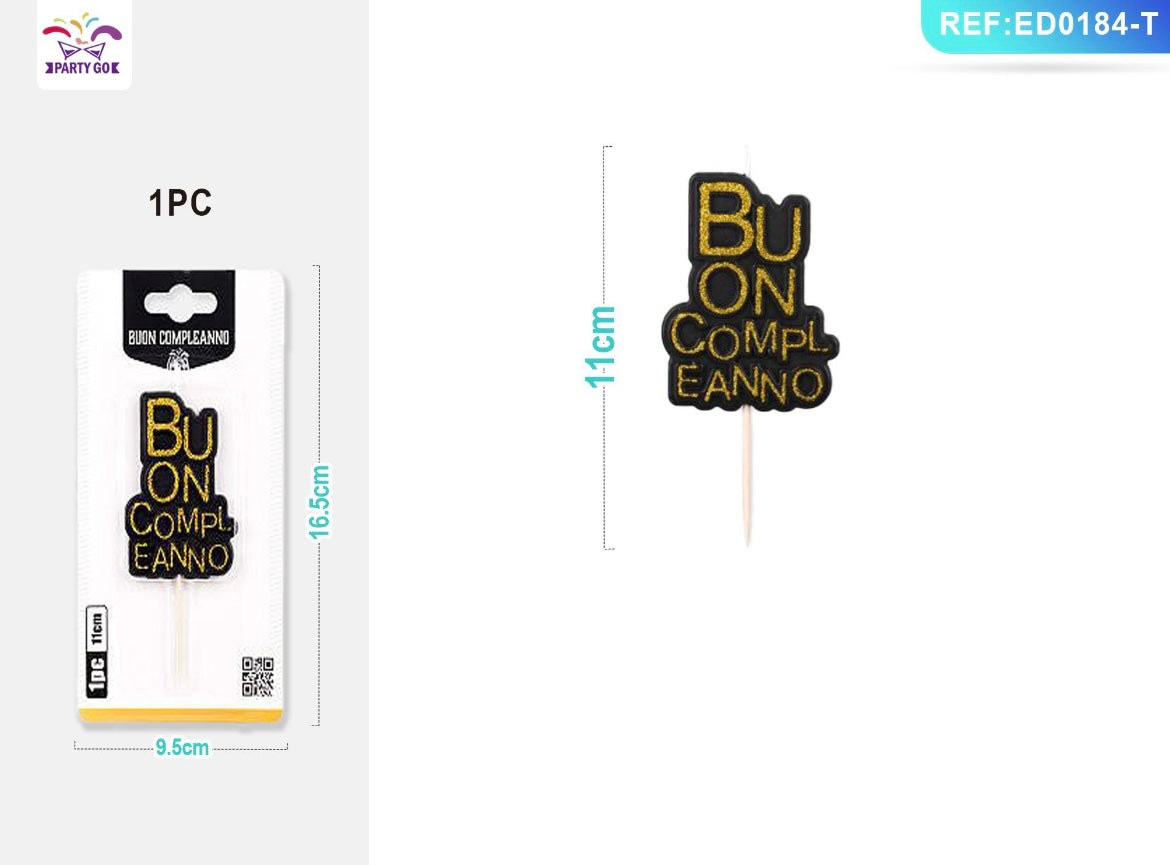 CANDELA NERO BUON COMPLEANNO GLITTER 11CM 1PC