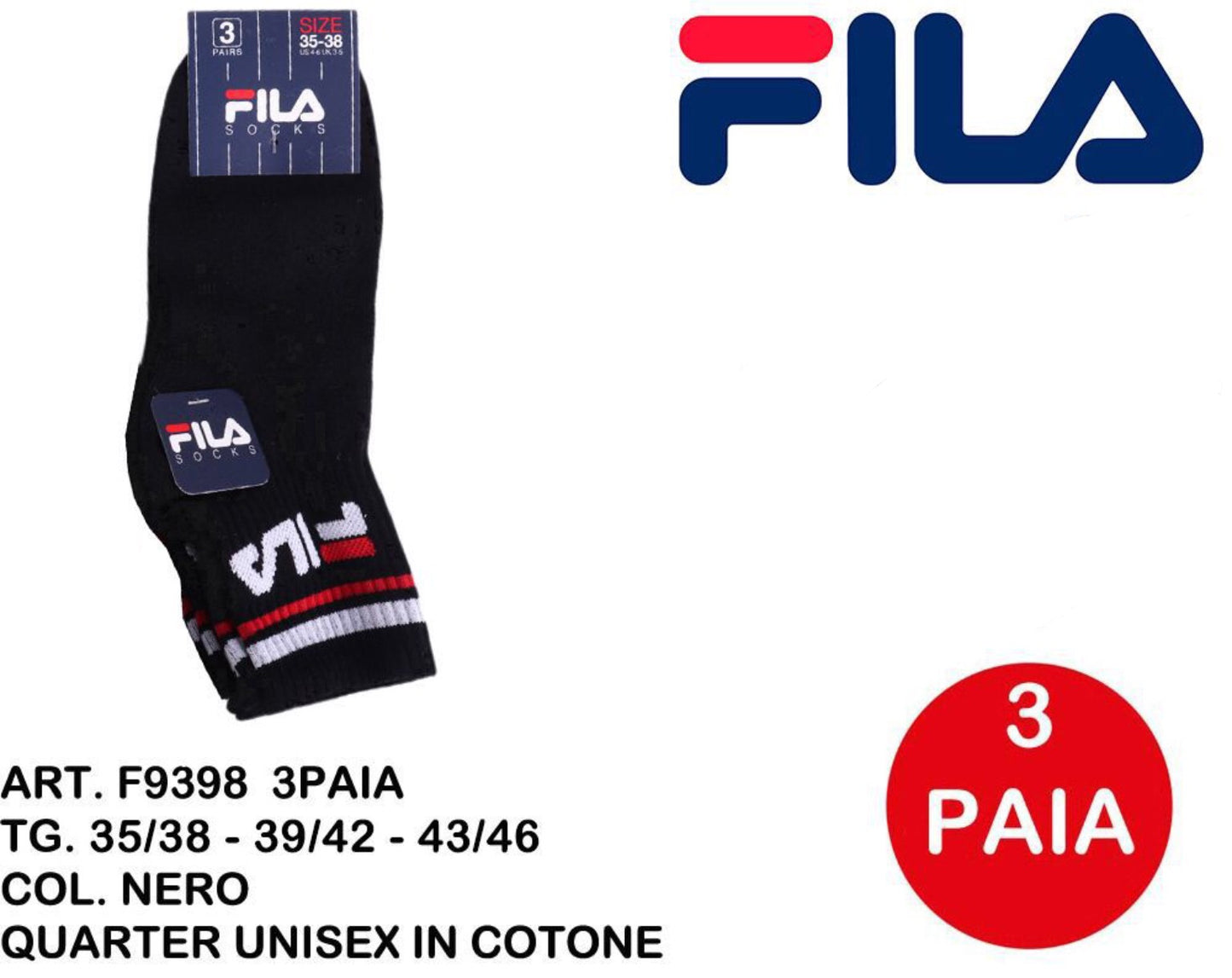 FILA calze quarter unisex in cotone nero F9398 3paia