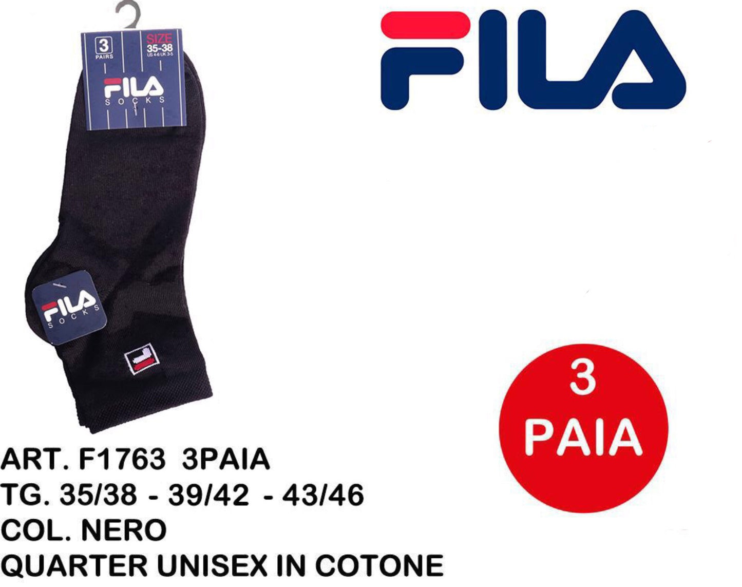 FILA calze quarter unisex in cotone nero F1763 3paia