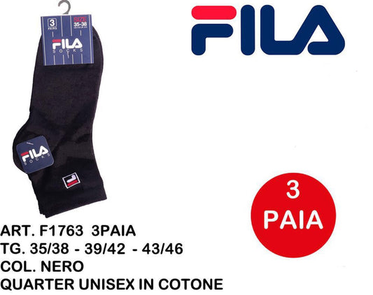 FILA calze quarter unisex in cotone nero F1763 3paia