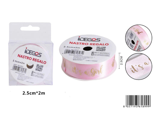 Nastro raso rosa "It's a girl" 2.5cm